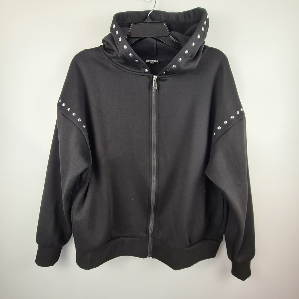 Urban World Womens Black Studded Full Zip Hooded Sweatshirt Jacket XS Oversized